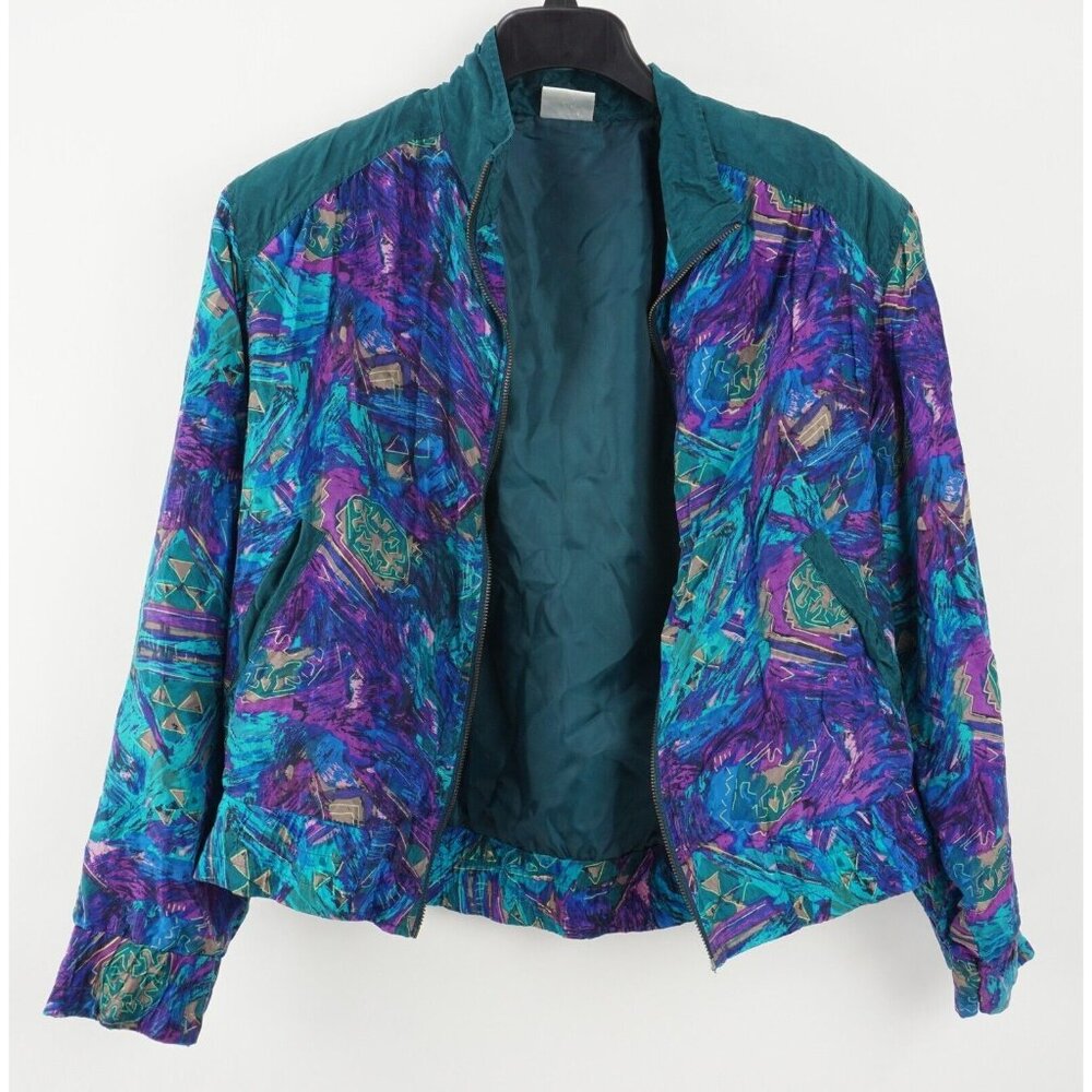 Vintage 1980's Silk Satin Track Jacket Men's Medium Abstract Geo Water Color